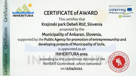 INHERITURA, certifikat za Debeli rtič